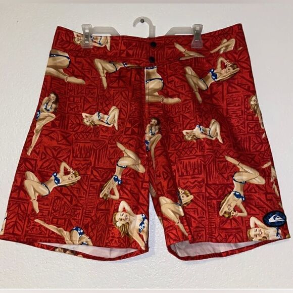 Vintage Quiksilver 100% Cotton Pin Up Girl Model Surf Board Shorts 34 - Picture 1 of 8